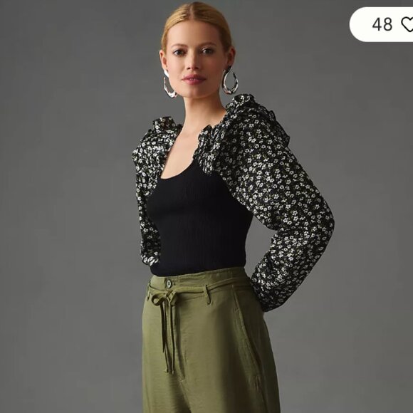 NWT Anthropologie Woven Ruffle Sleeve Sweater - Black Floral - Small - Picture 5 of 11